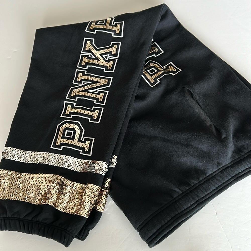 Retro Pink Victoria’s Secret Bling black campus sweatpants/joggers